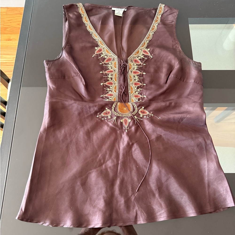 Cache Brown Embellished Sleeveless Blouse Tie Front - Picture 2 of 5